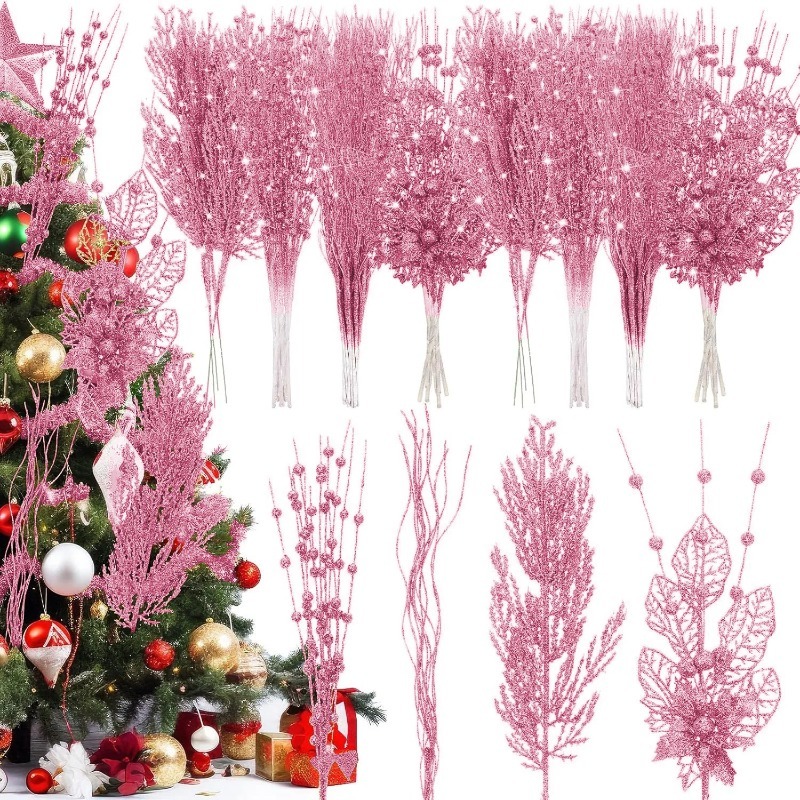 Florist Supply Bulk - 12 Stück rosa Weihnachtsbaum-Dekoration, künstliche Glitzer-Stiele,